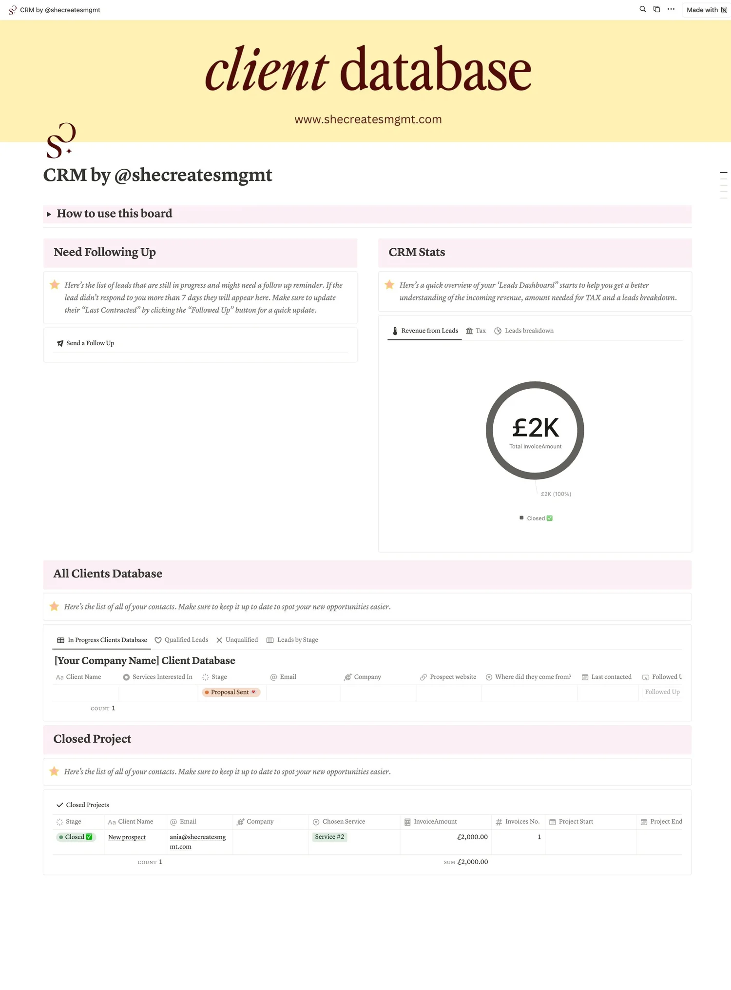 Screenshot of a Notion client database CRM dashboard with lead follow-ups, CRM statistics, and client records.