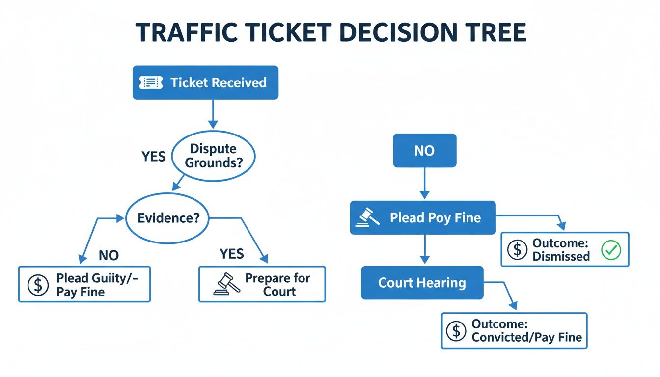 A detailed flowchart illustrating the decision-making process for handling a traffic ticket, from receipt to outcome.