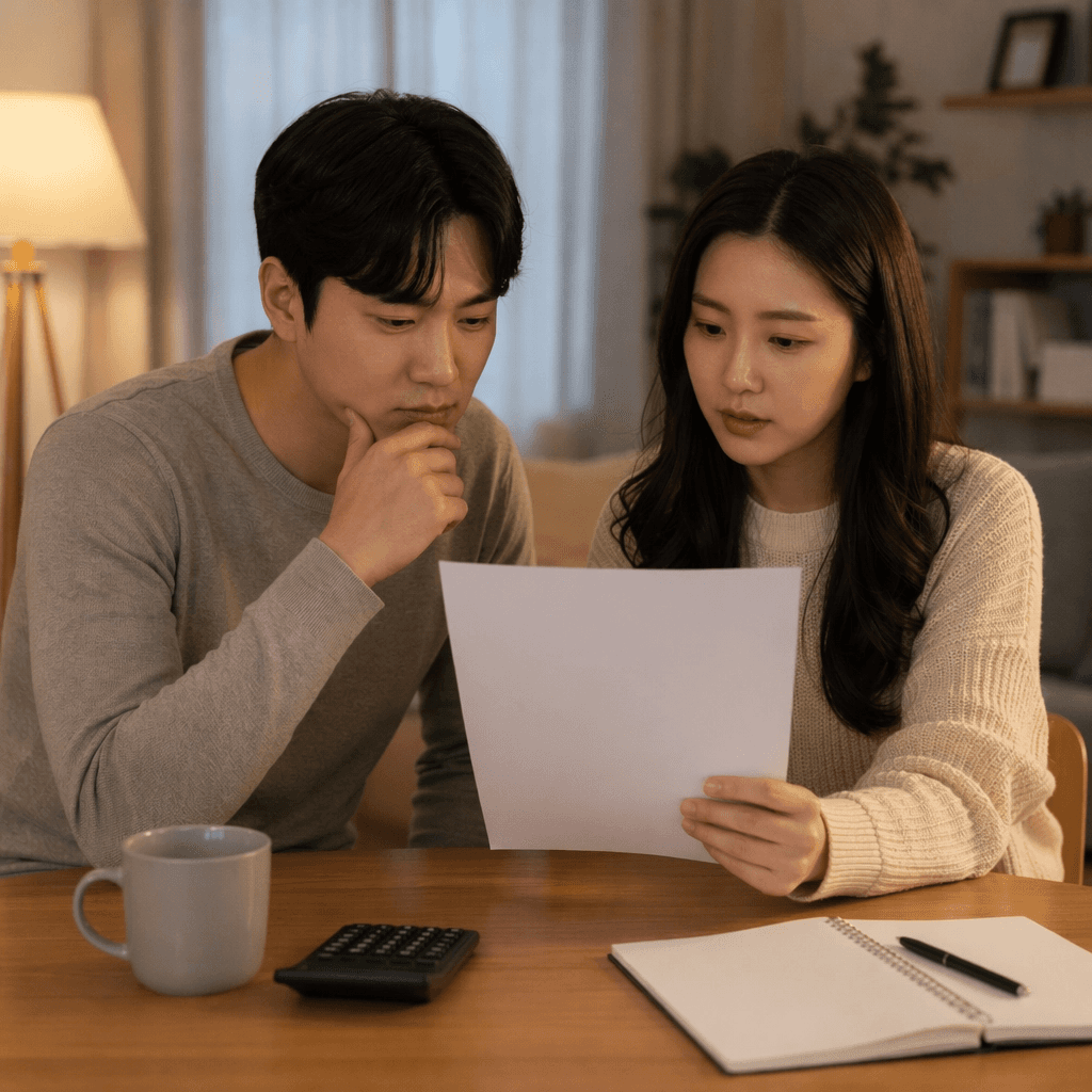 남녀가 테이블에 앉아 서류와 계산기를 앞에 두고 진지하게 의논하는 모습. 인터넷 티비 요금제를 꼼꼼히 따져보는 상황을 상징합니다.