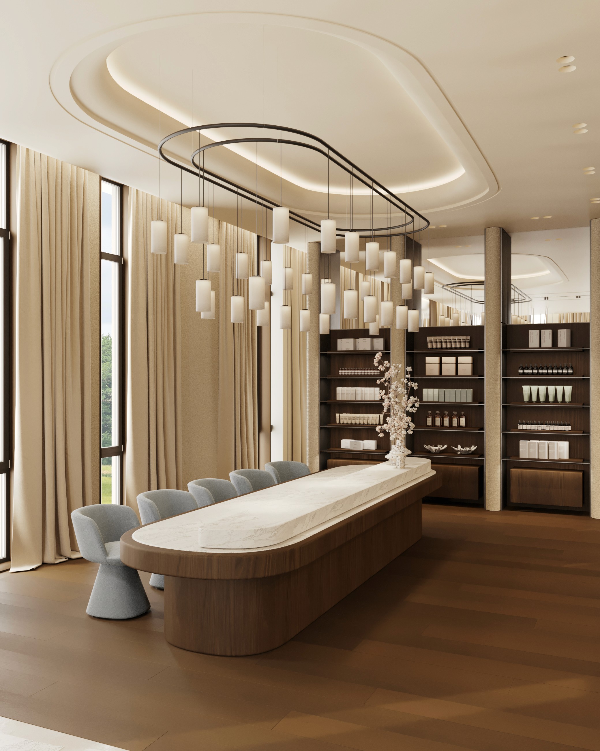 Modern spa waiting area with oval table, plush chairs, and product shelves.