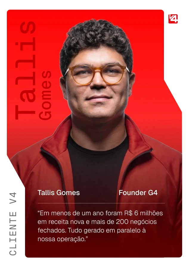 Depoimento de Tallis Gomes, Founder da G4, que obteve receita incremental de R$ 6 milhões e 200 negócios fechados, como cliente V4 Company em gestão de tráfego pago