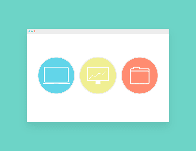 Illustration of three icons in a browser window on a green background