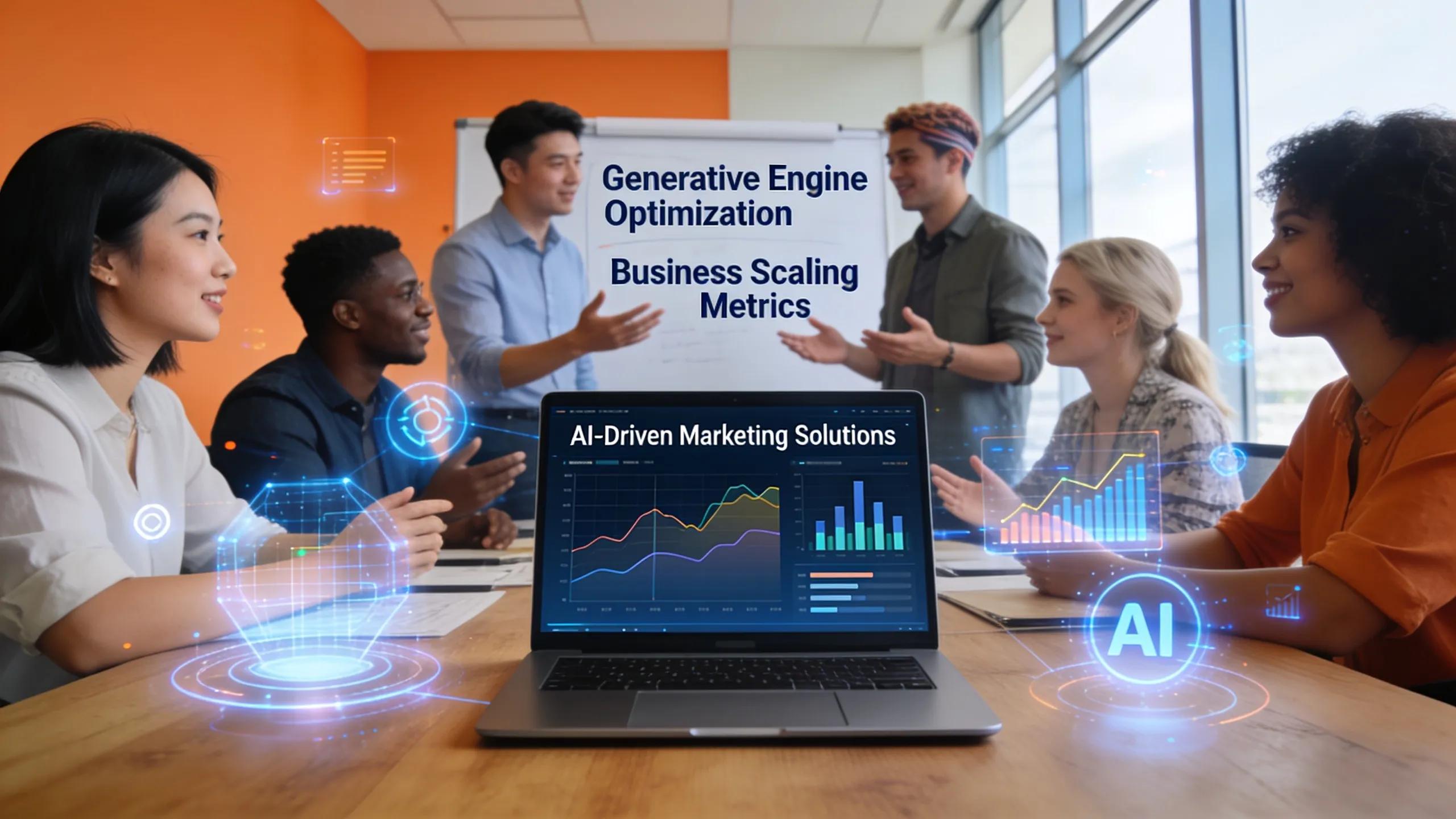 Modern workplace with professionals collaborating on AI-driven marketing strategies for business growth
