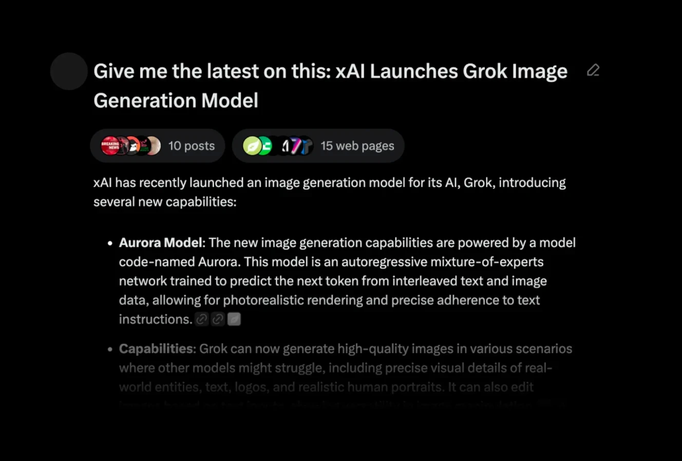 A dark-themed AI-generated summary of a recent xAI announcement regarding Grok’s image generation model.