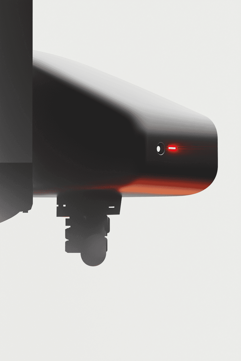 Minimalist robot head with glowing red eyes and mechanical details, set against a neutral gray background. Futuristic and sleek design.