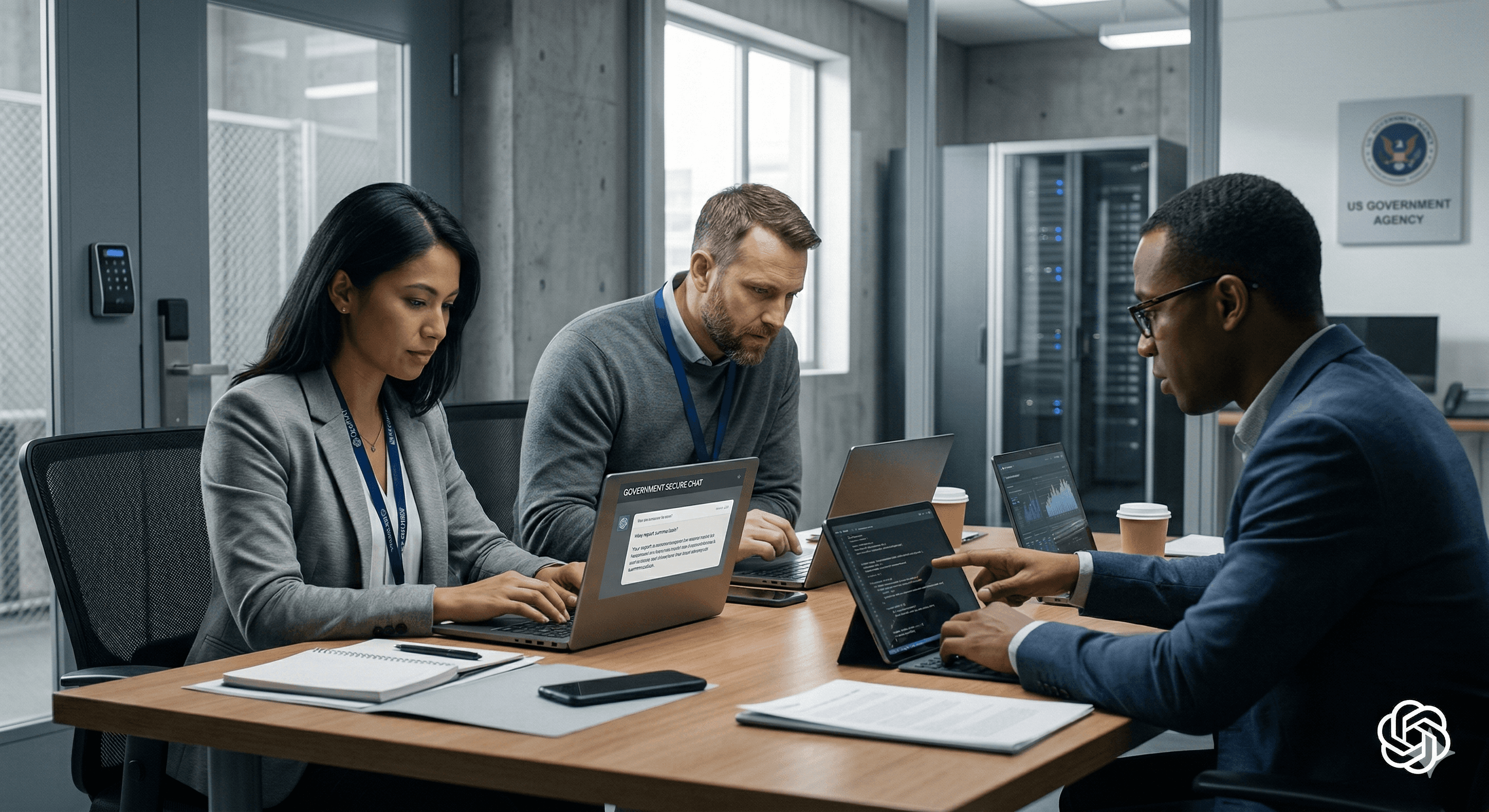 Three professionals collaborate in a modern conference room, intensely focused on their laptops, illustrating secure AI deployment through ChatGPT in enhancing U.S. defense capabilities.