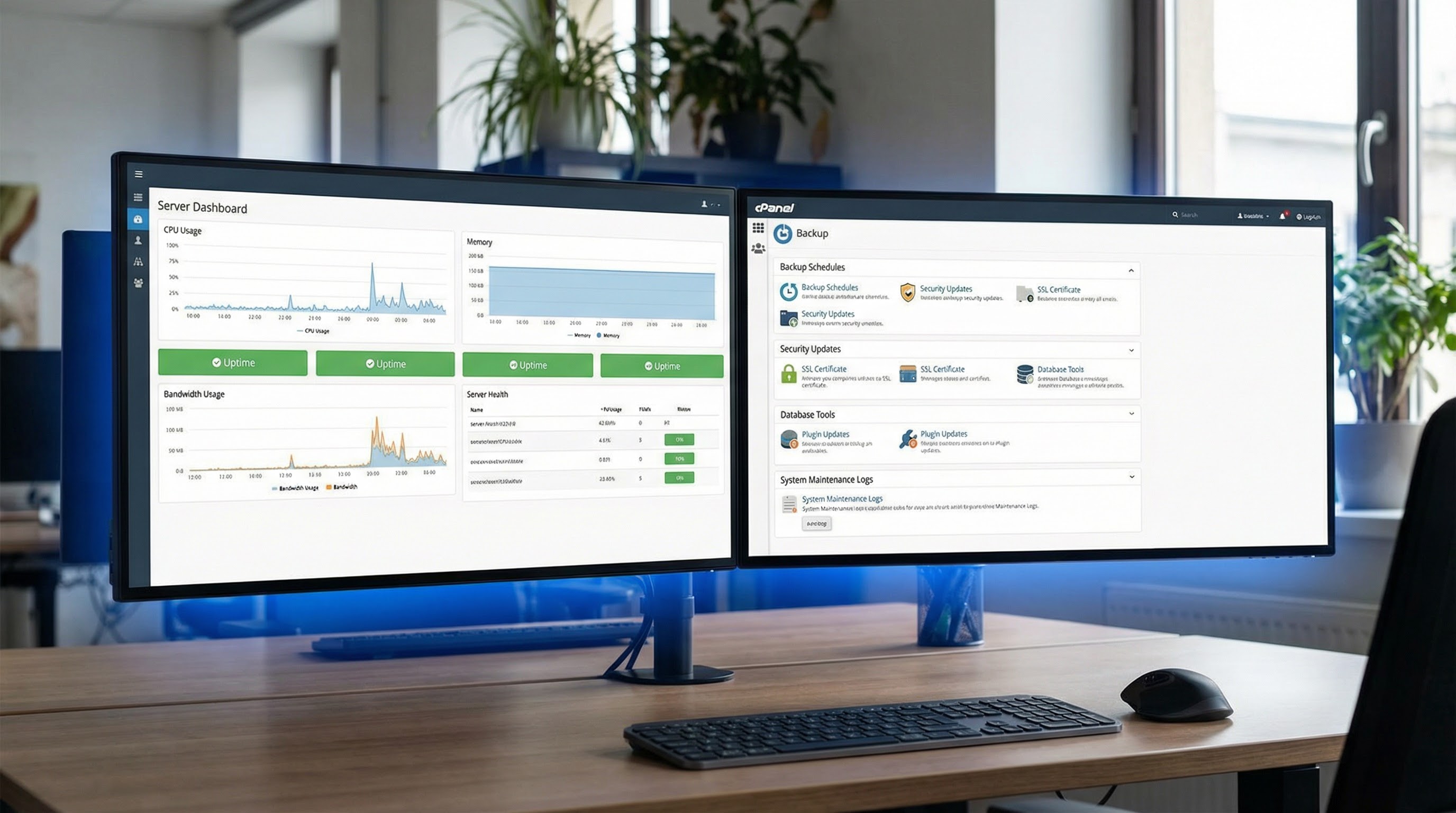 Halton Hills website hosting specialist - server performance charts on dual monitors by DAWebDesigns