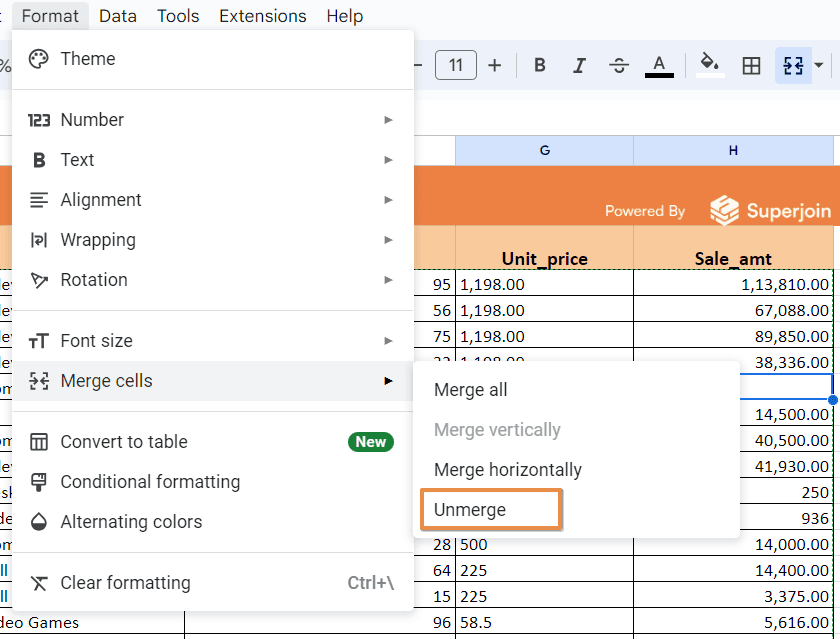 Select Unmerge: Click on "Unmerge" to separate the cells.