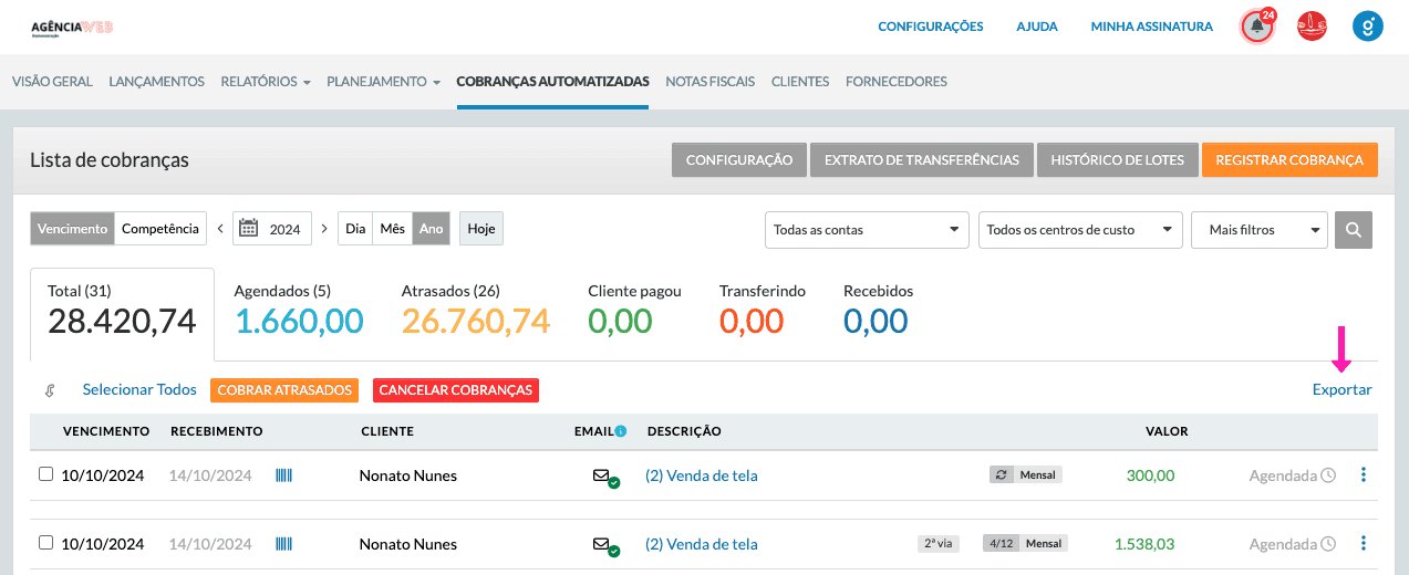 Opção de exportar lista de cobranças em CSV