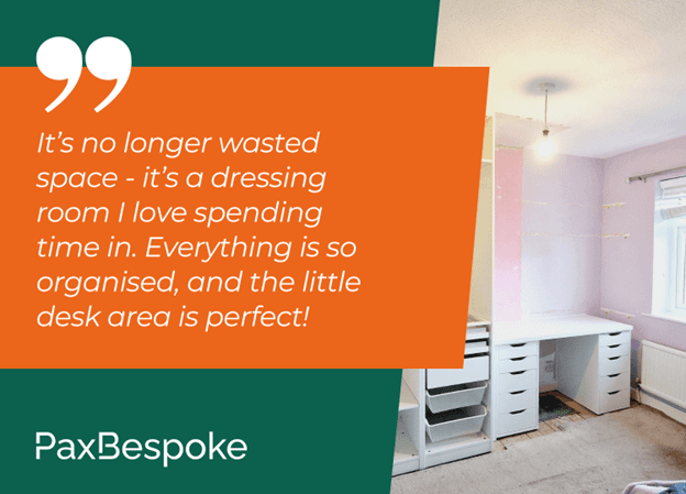 dressing room furniture with a quote from Emma's testimonial and the brand logotype