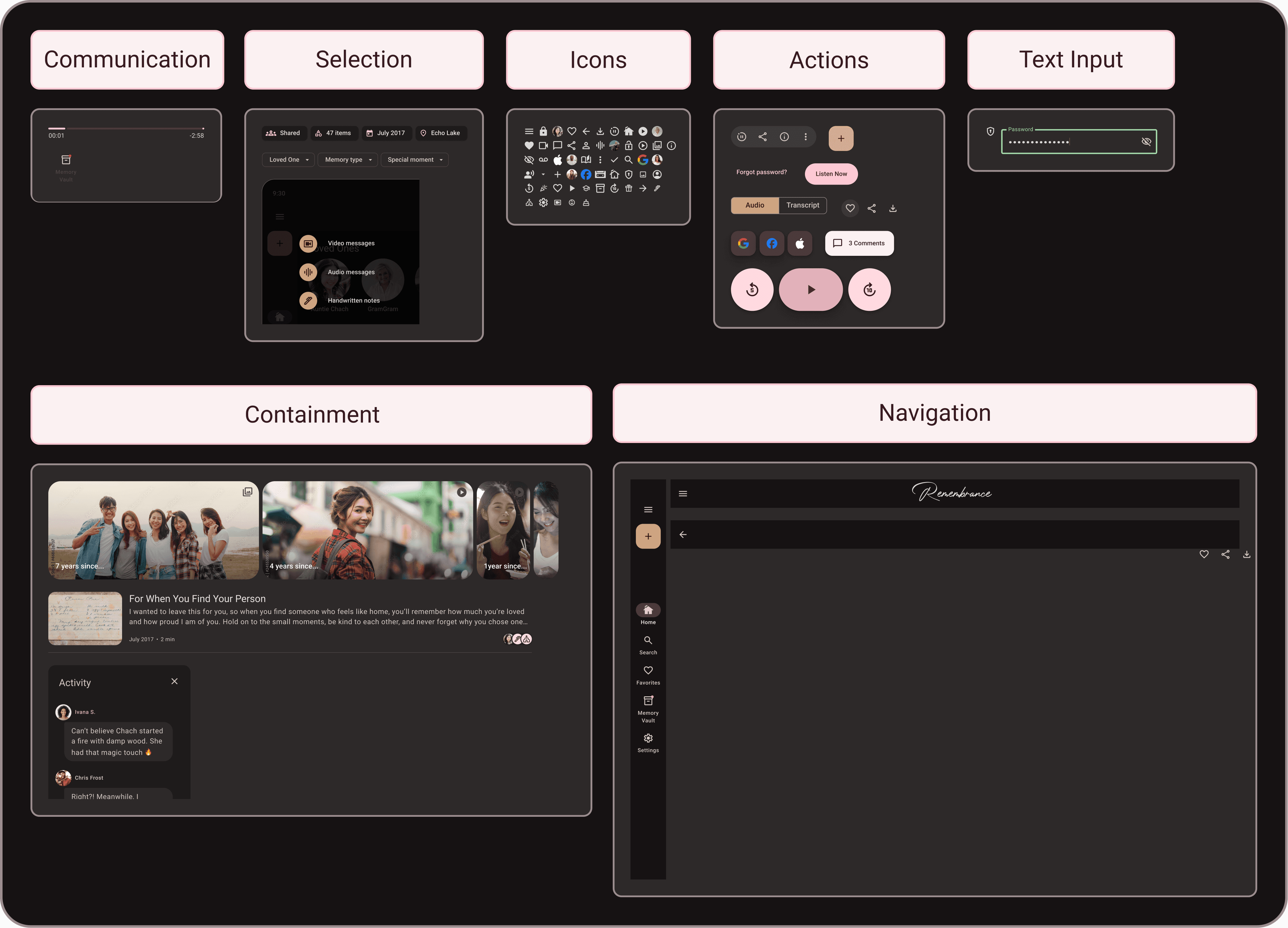 UI component library for the Remembrance app showcasing categorized design elements like icons, navigation, and media players in a dark theme.