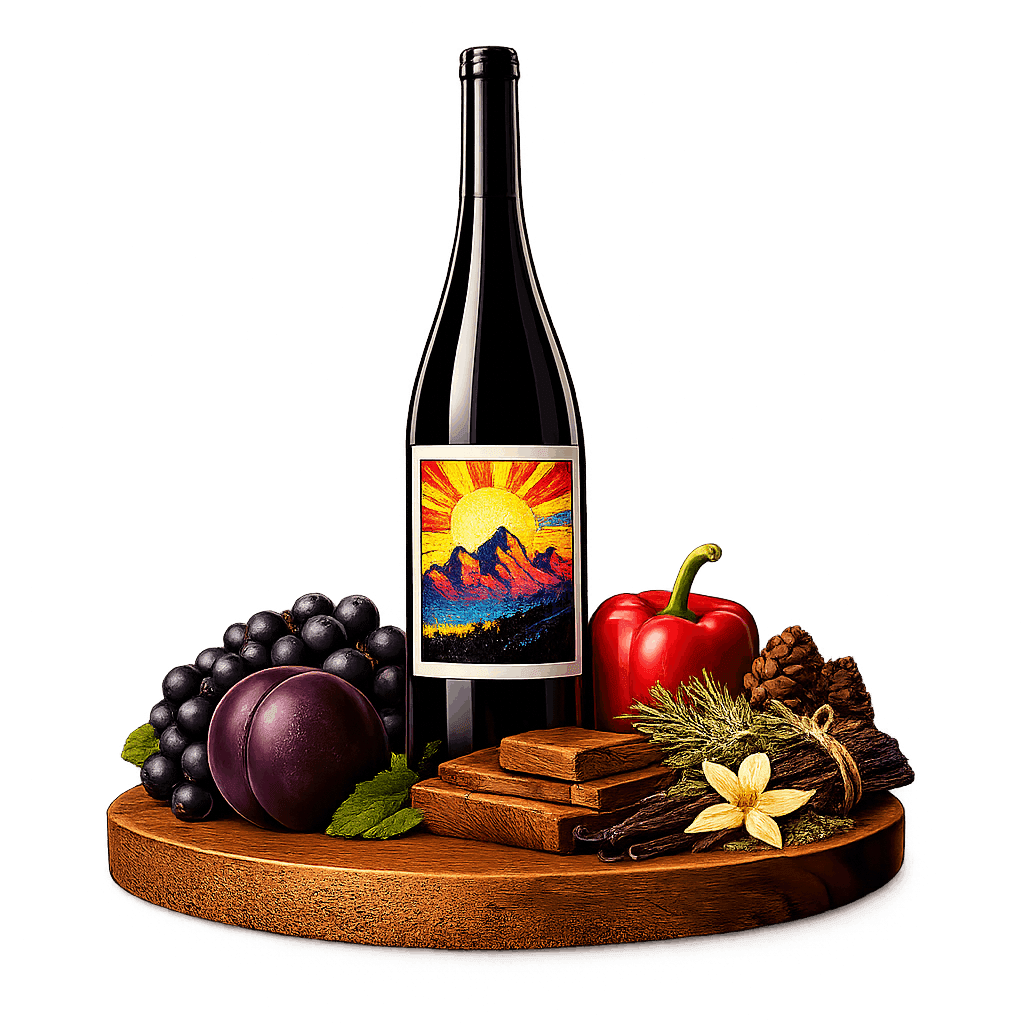 Artistic label and flavor profile for Ningxia Bordeaux Blend on a rustic wooden table.
