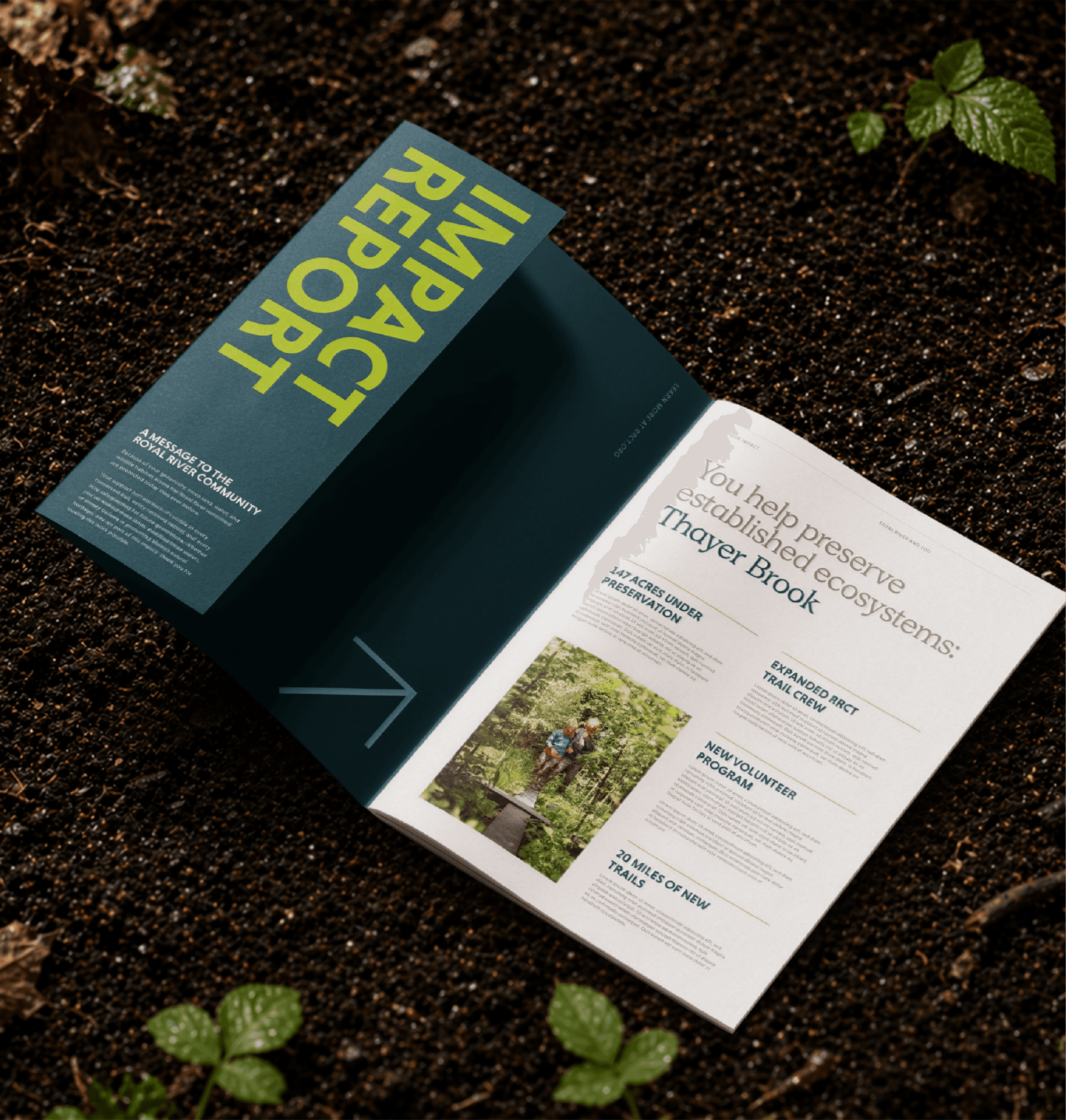 Royal River Conservation Trust impact report spread highlighting conservation achievements and programs