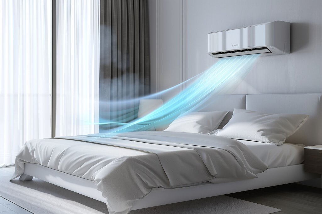 Innenaufnahme eines Schlafzimmers: Ein weißes Wandklimagerät ist über einem Bett montiert und gibt kühle Luft (symbolisiert durch blaue Strahlen) ab.