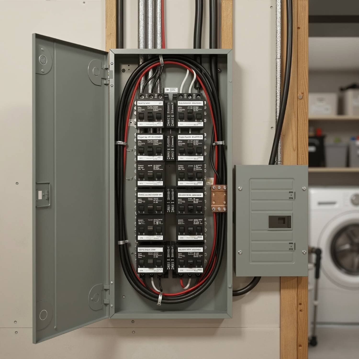 Panneau électrique ouvert dans le garage d'une maison