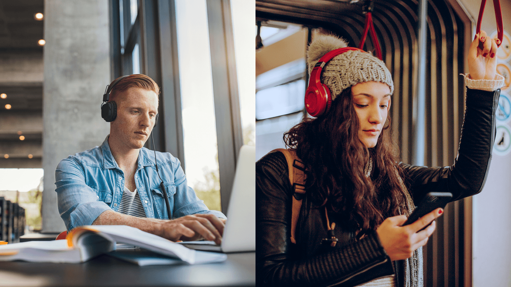 Side-by-side photographs of two people using Texidium: left image shows a young man wearing over-ear headphones working on a laptop at a table in a bright public space with shelves and windows behind; right image shows a young woman wearing red headphones and a knit beanie standing inside a train, holding an overhead hand strap in one hand and reading on her smartphone.