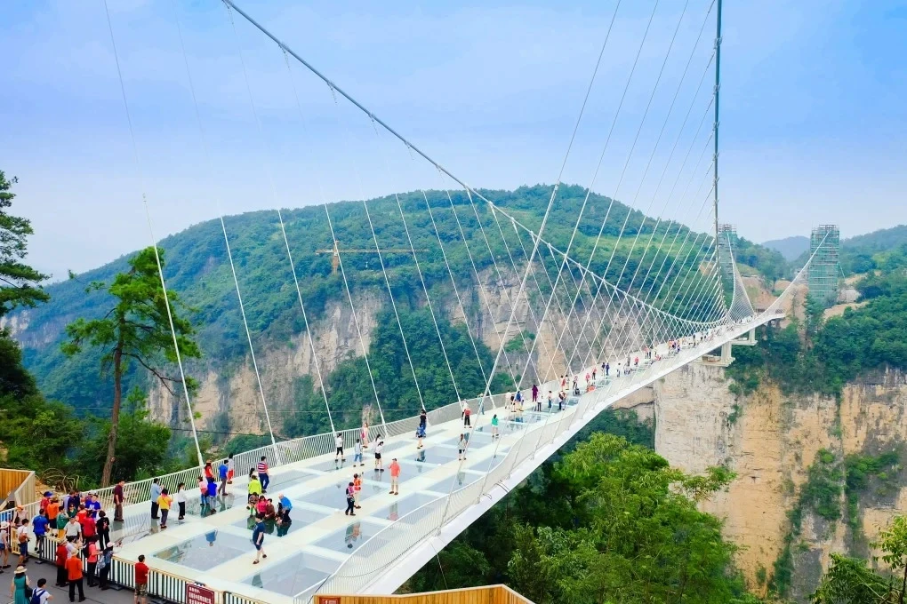 Glass suspension bridge crossing