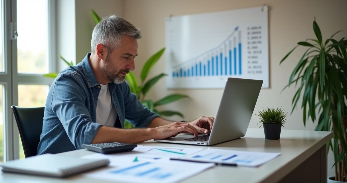 Trabalhador analisando suas finanças com planilhas e computador 