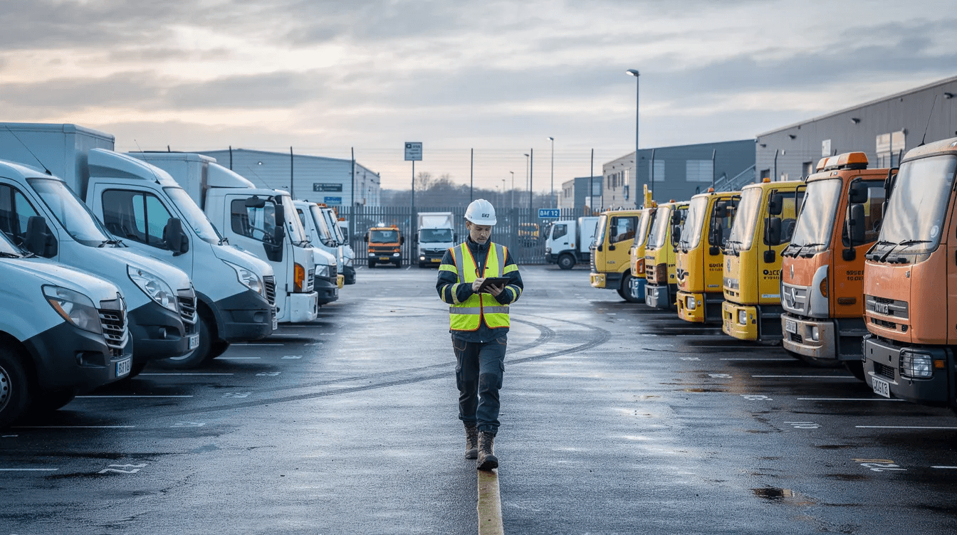 A transport operator is inspecting several work vehicles in a depot, ensuring they are in good condition for business operations. This scene highlights the importance of maintaining physical assets for the financial health and operational efficiency of an established business.