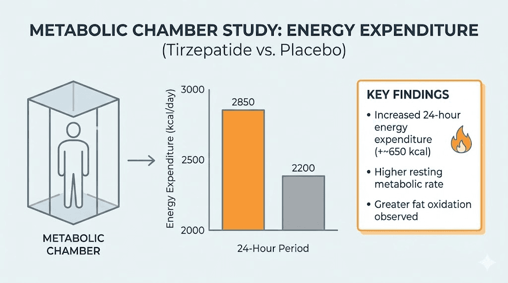 Tirzepatide metabolic chamber study results showing energy expenditure and fat oxidation data