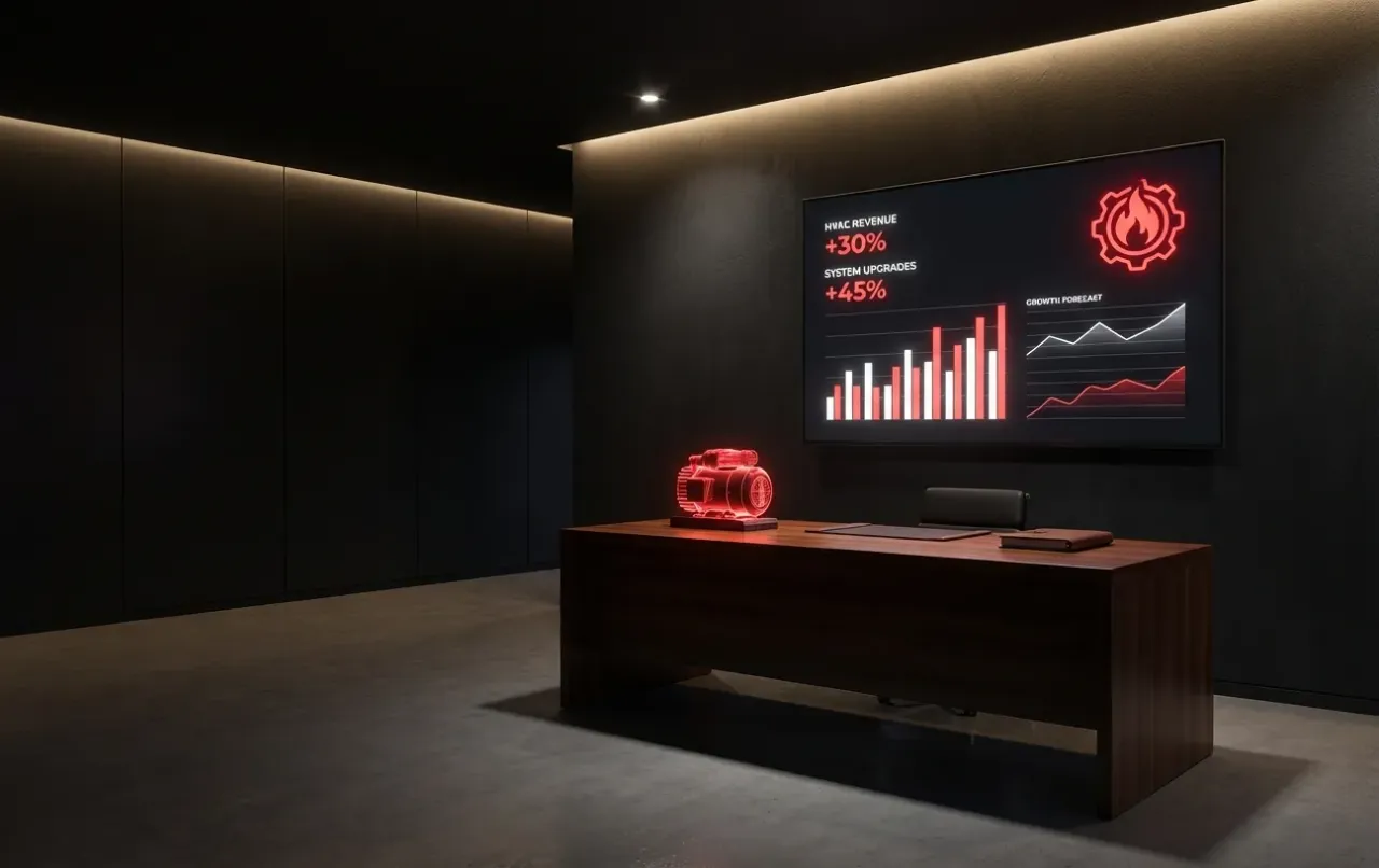 A room with a large desk and a large monitor
