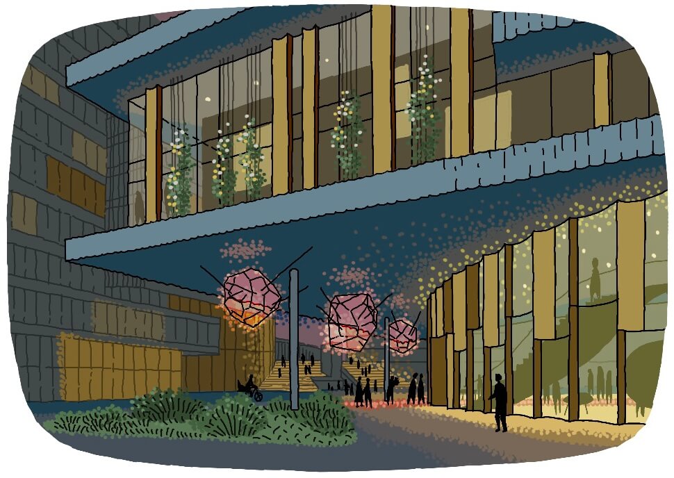 A colorful aerial view of a park layout featuring various geometric flower beds and walking paths near water.