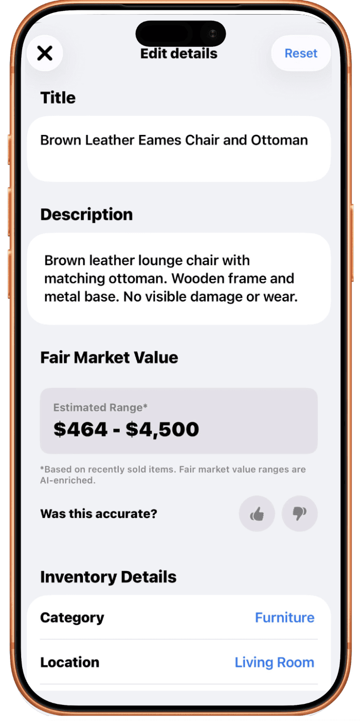 Zozy user interface. Shows title, description, fair market value, and inventory details.