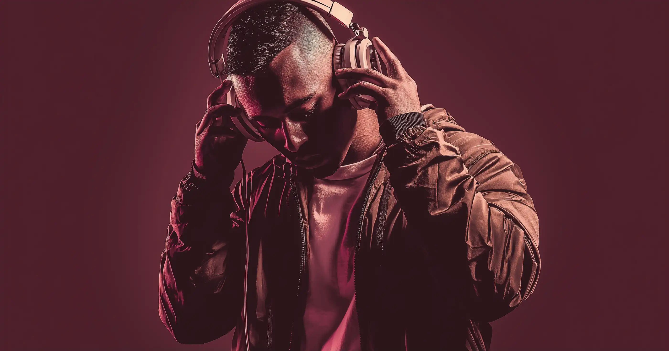 Male musician wearing headphones and a brown jacket listening to music under moody pink studio lighting, representing creativity and modern music culture.