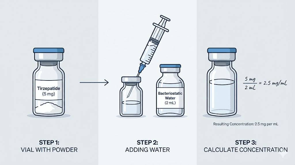 Tirzepatide reconstitution process showing how water volume determines concentration and dose
