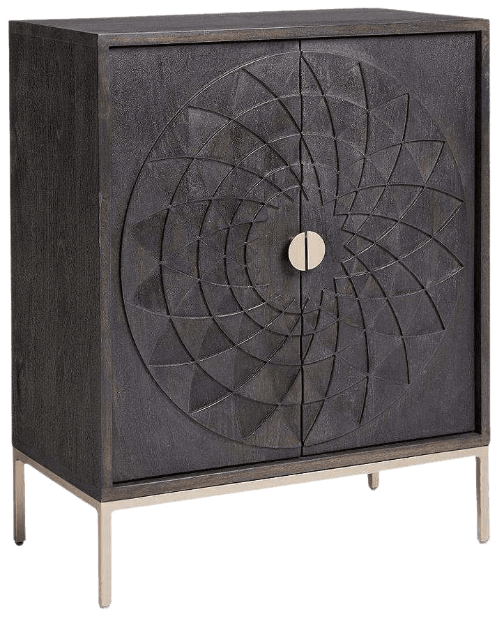 Solid wooden storage cabinet with carved geometric door design