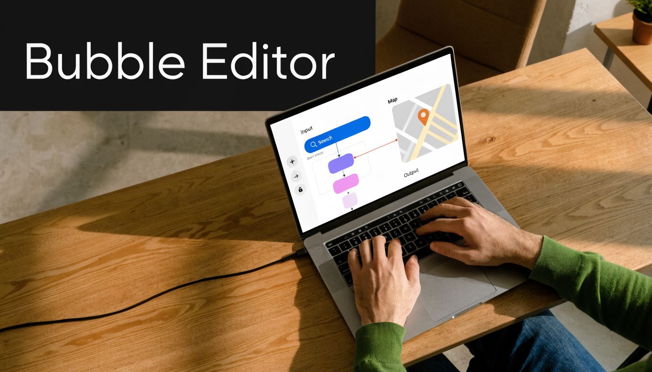 A person using a laptop to design an application with a Google Map search interface on the screen.