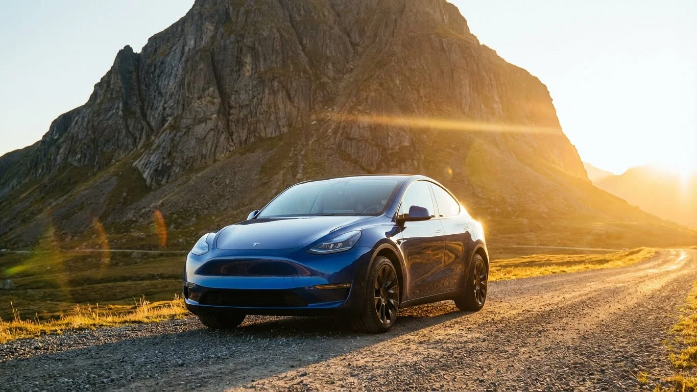 A blue Tesla Model Y parked on a gravel road with a sunlit rocky mountain in the background.