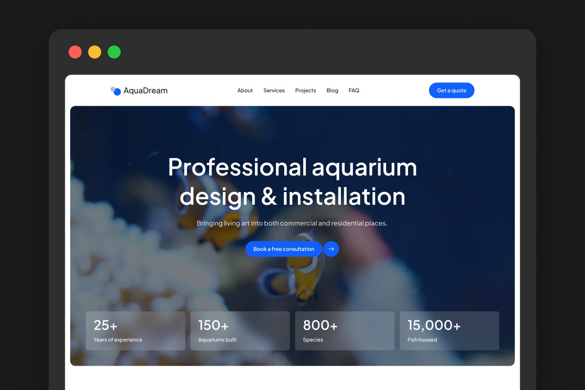 Aqua Dream Framer template homepage — professional aquarium design and installation website with dark hero, stats bar, and free consultation CTA