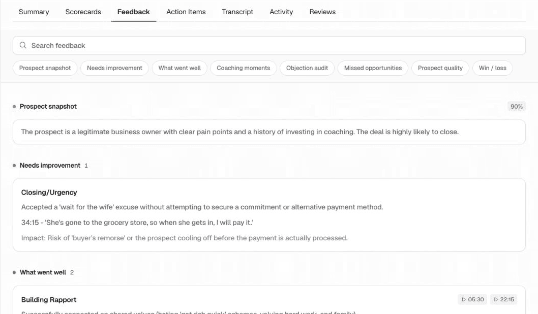 Kendo call analysis feedback for the sales representative