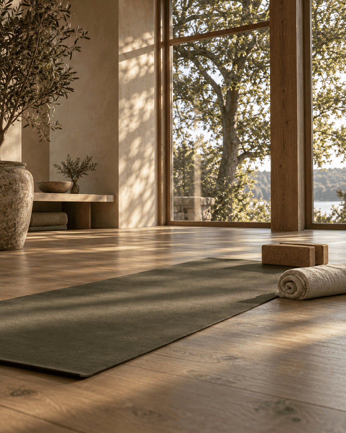 A calm, sunlit space for yoga and reflection