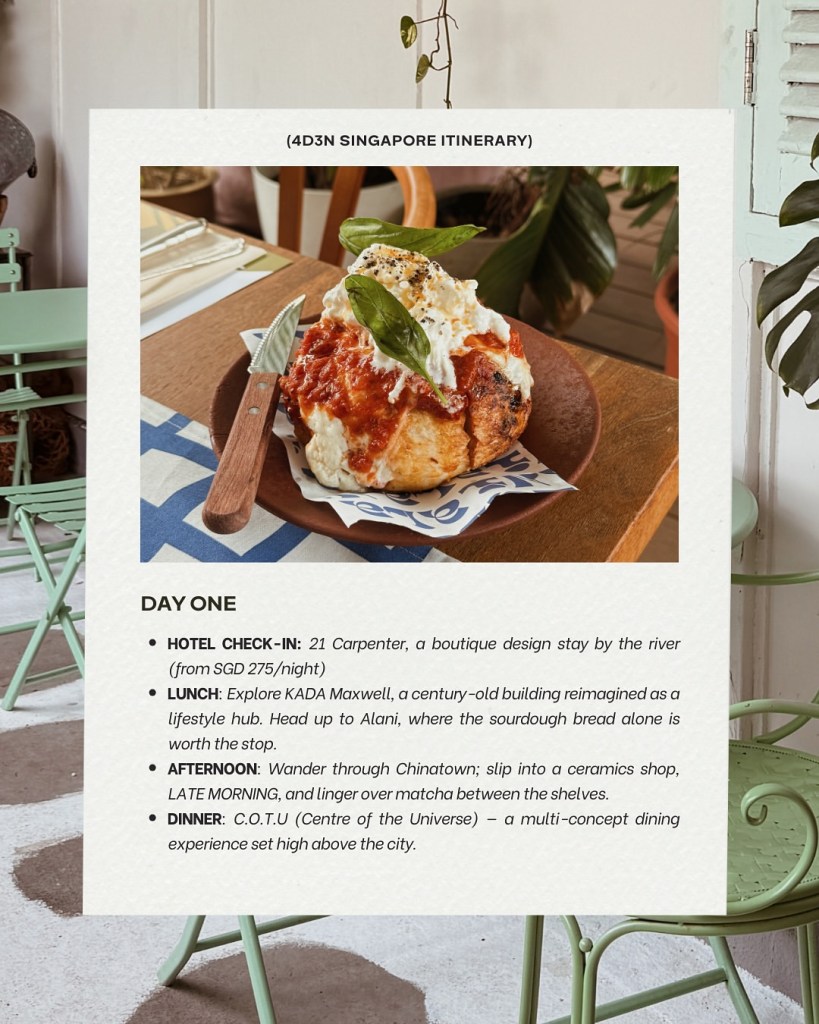 A plated dish featuring a large piece of sourdough bread topped with a dollop of creamy cheese and garnished with fresh basil leaves, placed on a wooden table with a patterned napkin.