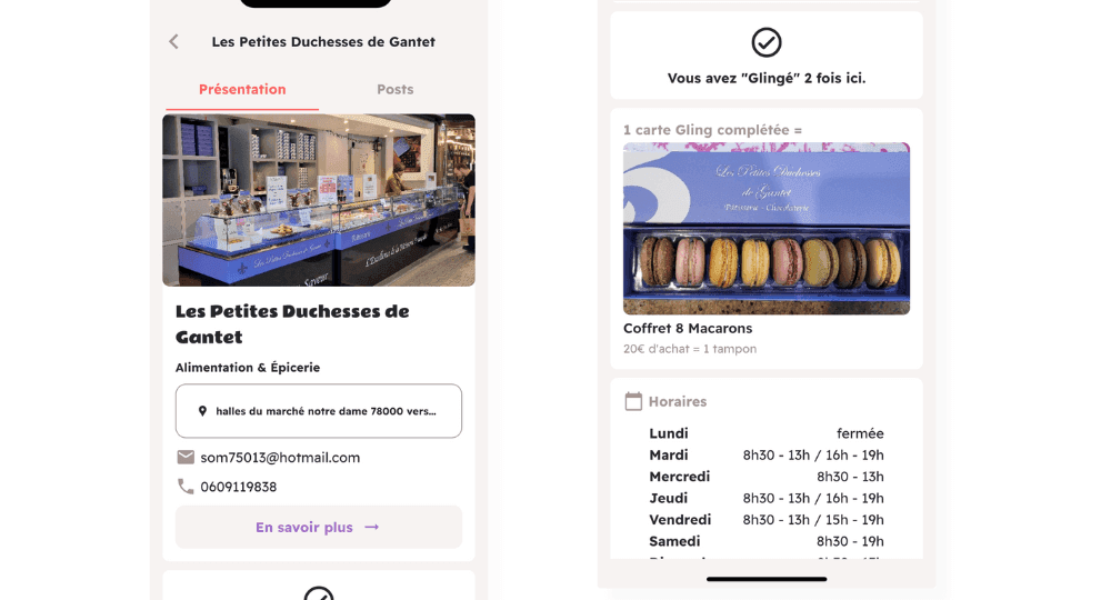 Exemple de vitrine numérique Gling affichant les horaires, photos et offres d’un commerce local « Les Petites Duchesses de Gantet », pour une visibilité claire et vivante.