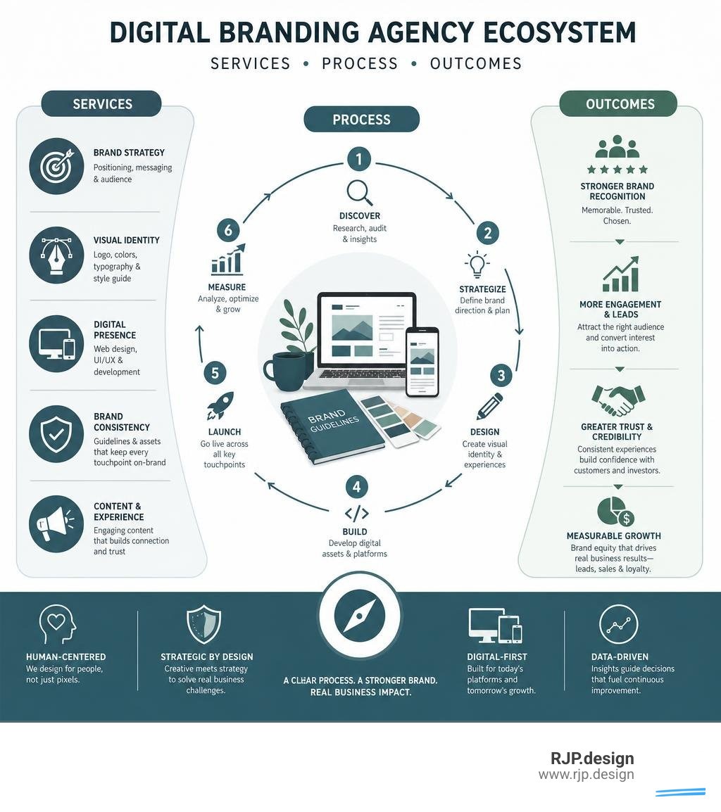 Digital branding agency ecosystem showing services, process, and business outcomes infographic