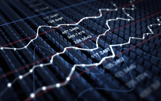 A financial chart overlayed on a darker background with a graph showing fluctuating data trends and indicators.