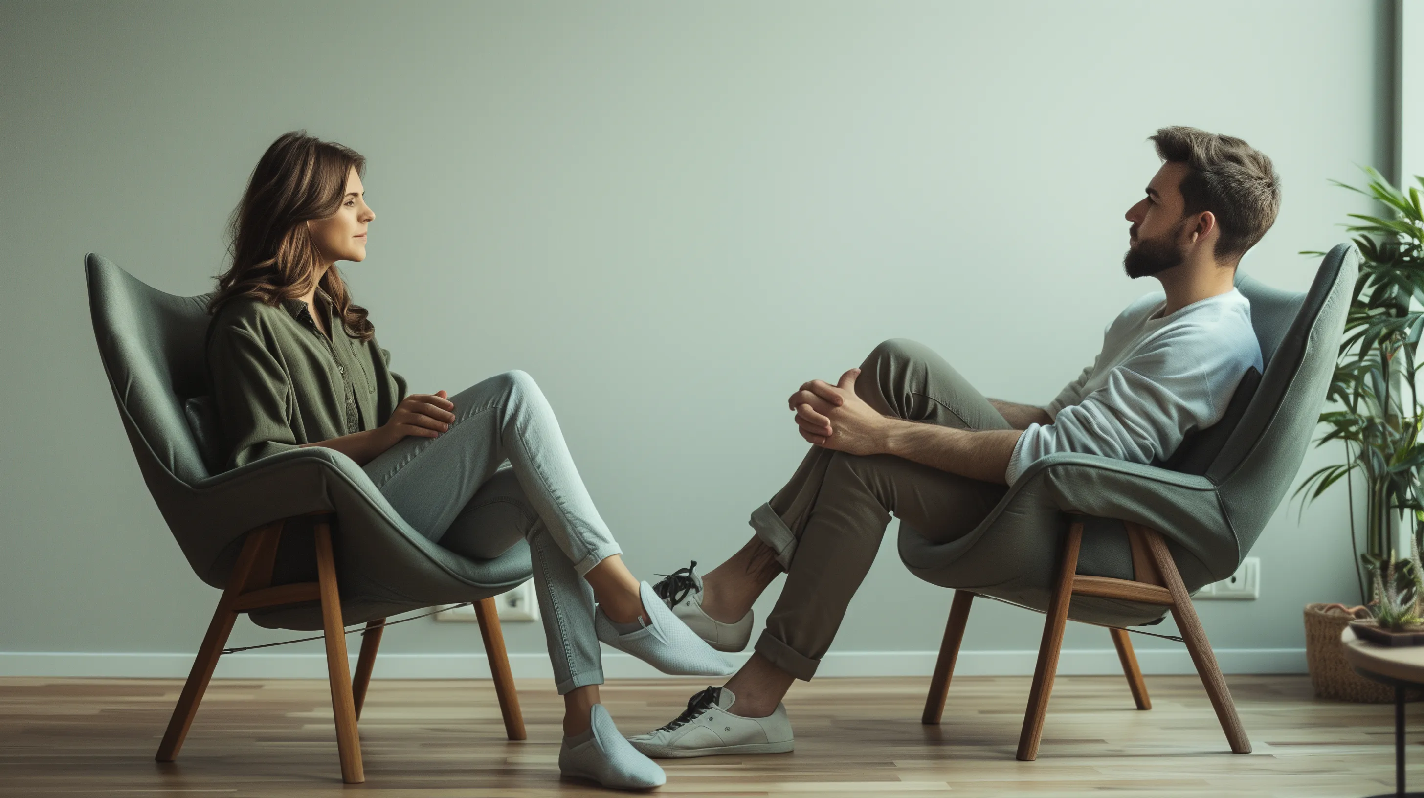 Visual metaphor of a couple breaking free from circular pattern, moving toward connection with warm lighting