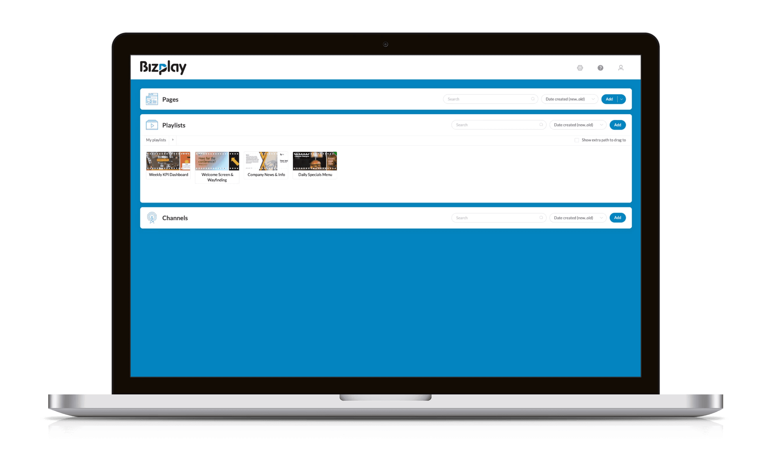 Mock up of Bizplay digital signage playlists