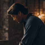 Man working thoughtfully in dimly lit studio