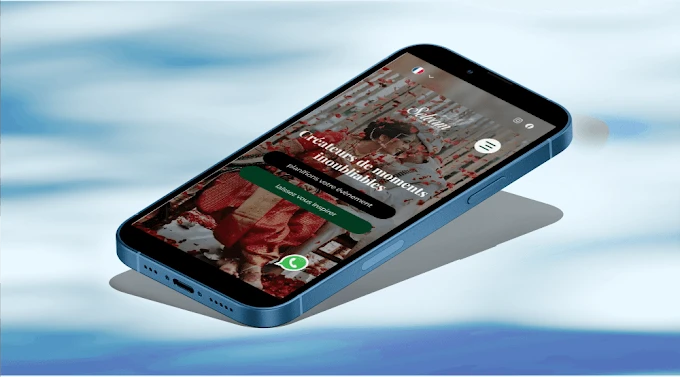 Site internet Selvam Wedding Event affiché sur téléphone avec fond vert dégradé