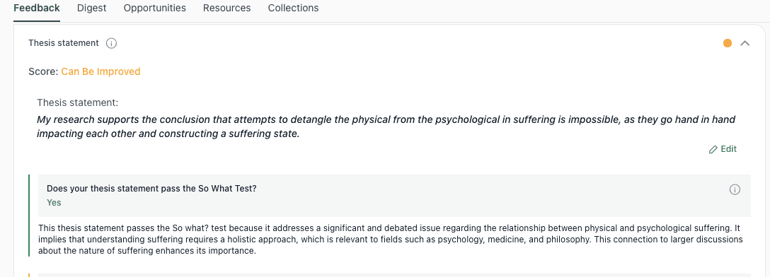 thesify feedback evaluating a theoretical thesis statement about the impossibility of detangling physical from psychological suffering.