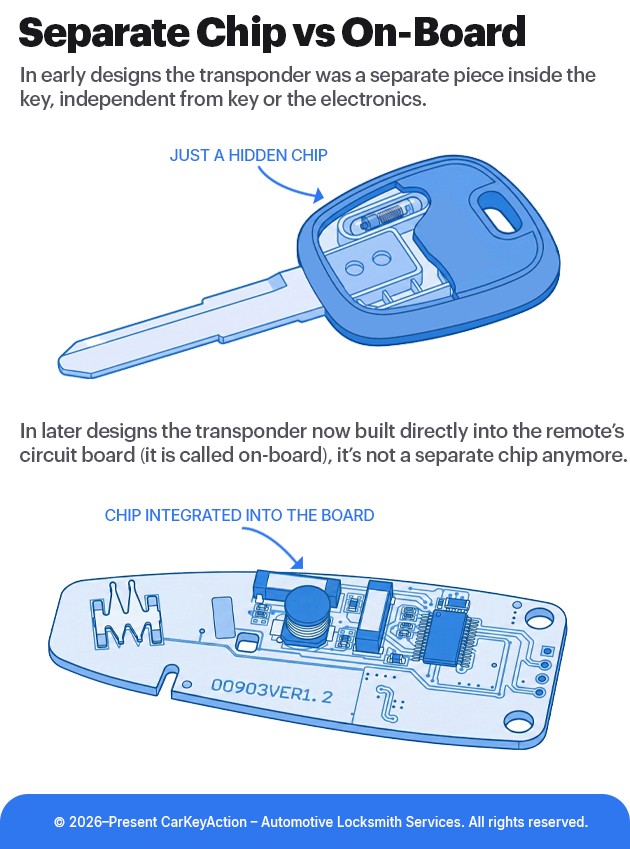 Illustration comparing car keys with a separate transponder chip and an on-board transponder integrated into the circuit board