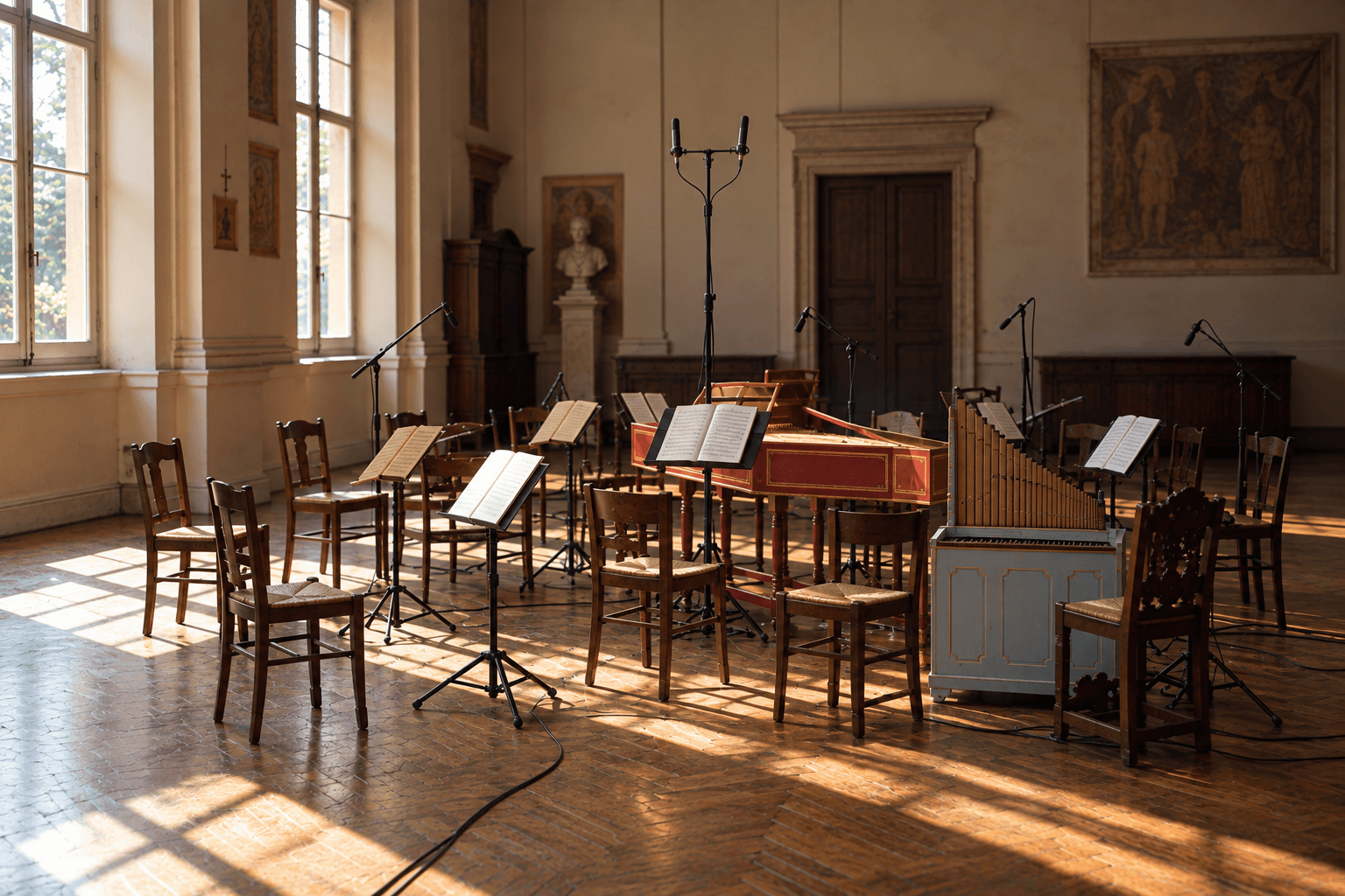 Allestimento di una registrazione musicale in una chiesa, con microfoni e leggii, attraversato da scie luminose sovrapposte.