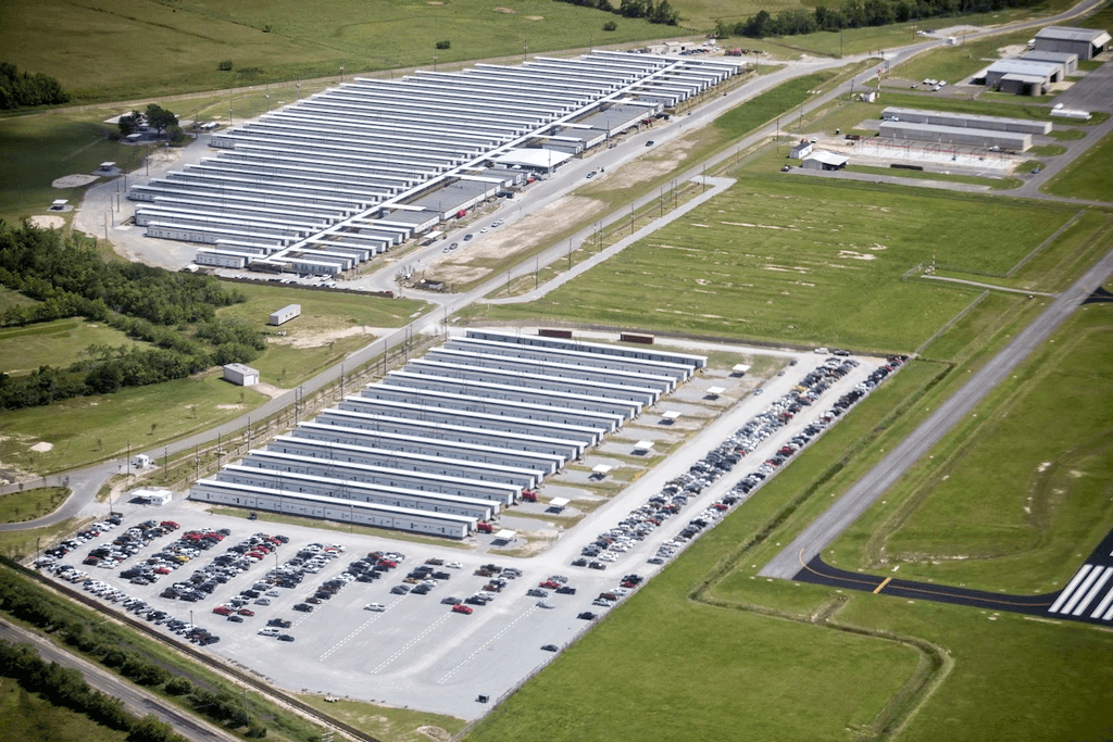 Aerial view of Moss Lake Village, a large temporary workforce housing community in Sulphur, Louisiana.