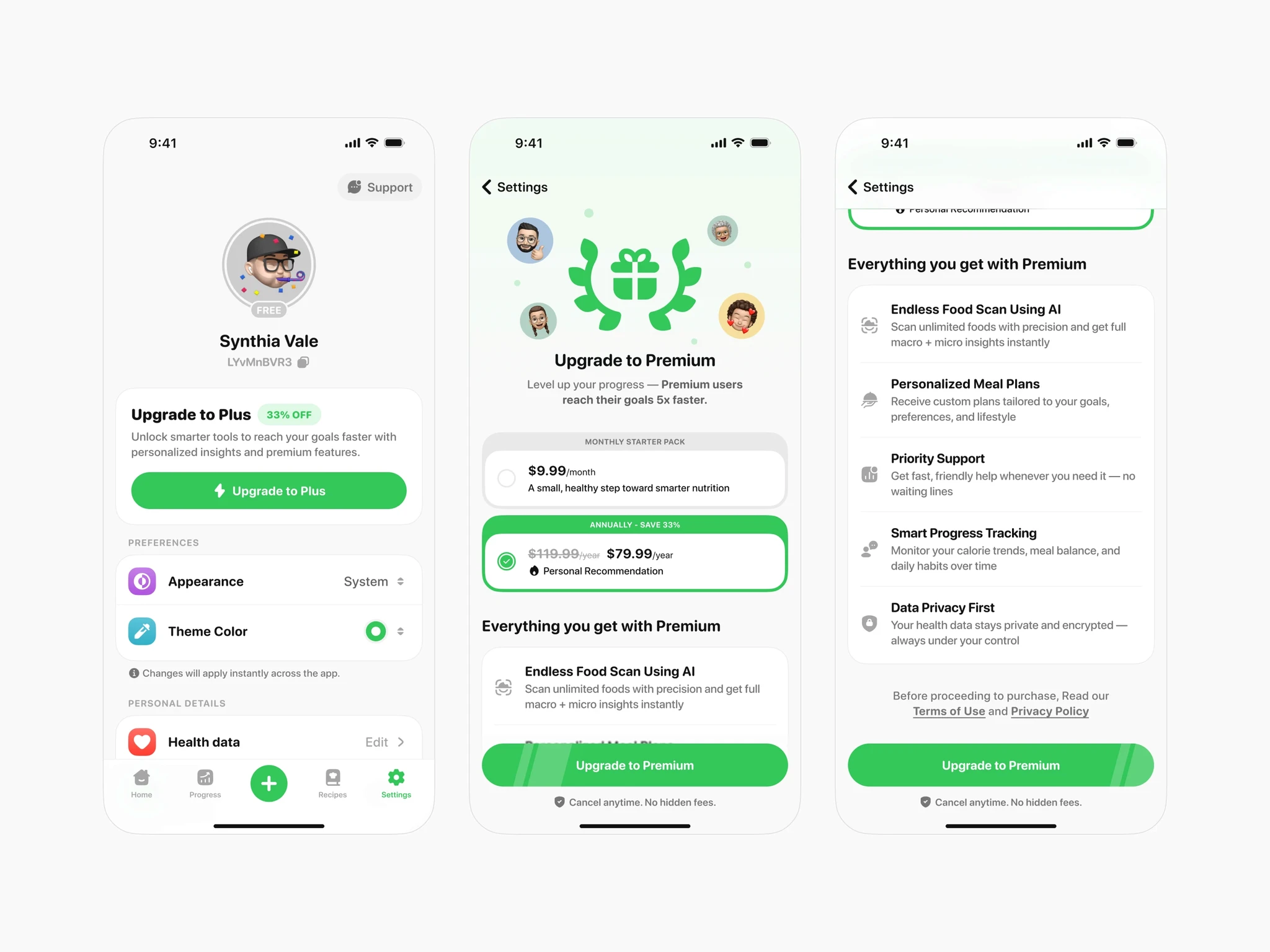 Mobile app screens showing user profile and premium upgrade flow for a nutrition and calorie tracking app. Includes options to upgrade to Plus or Premium with AI food scan, meal plans, progress tracking, and data privacy features for improved health goals.