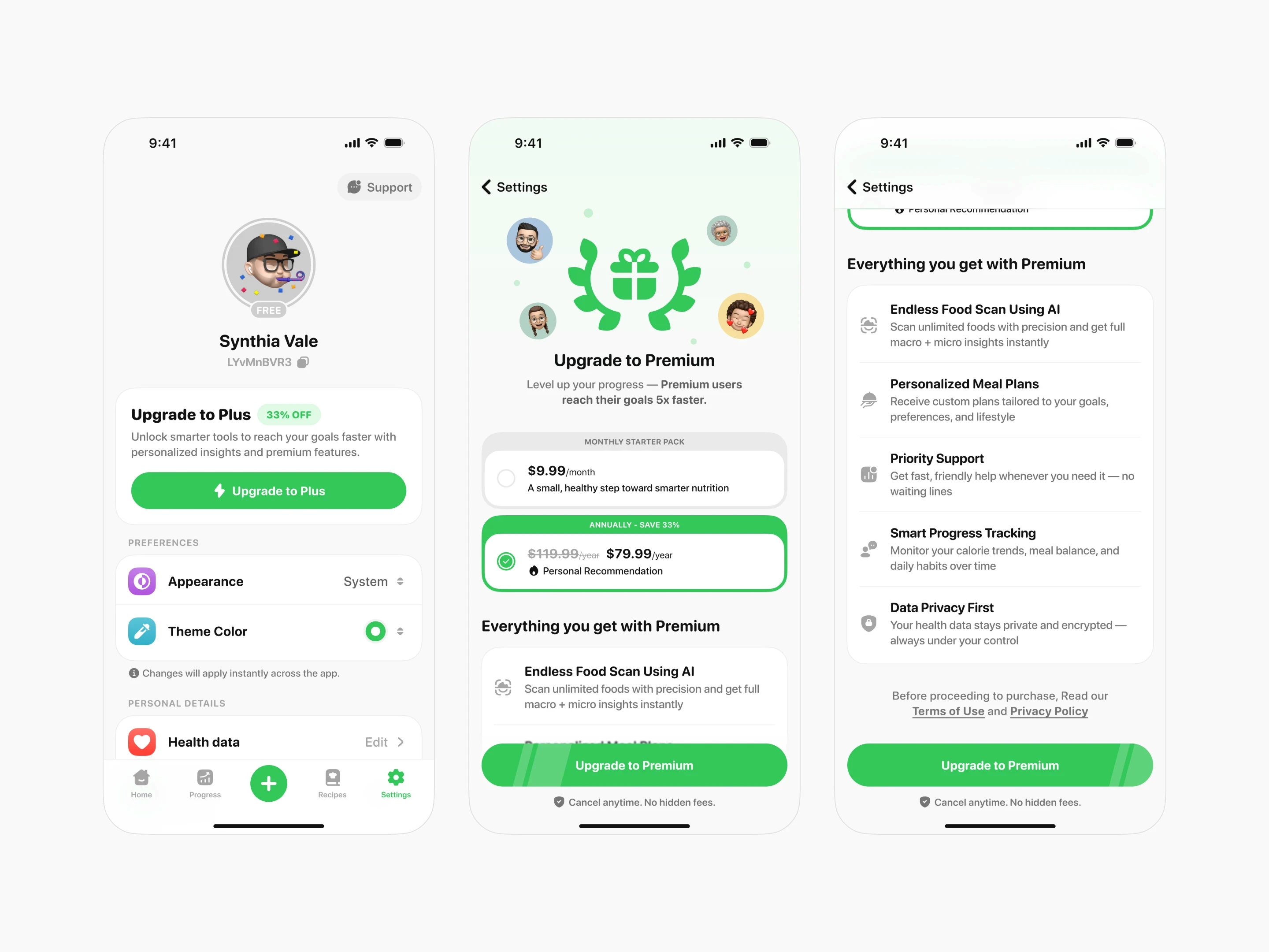 Mobile app screens showing user profile and premium upgrade flow for a nutrition and calorie tracking app. Includes options to upgrade to Plus or Premium with AI food scan, meal plans, progress tracking, and data privacy features for improved health goals.
