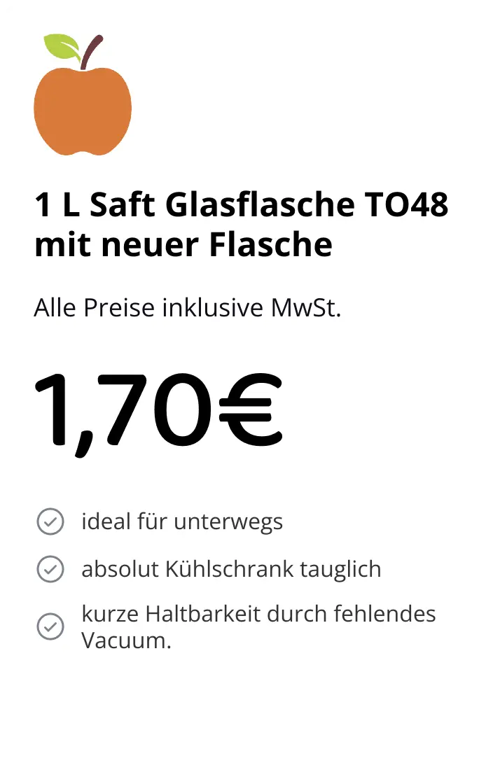 Preiskarte MostMobil 1-Liter-Saftglasflasche TO48 mit neuer Flasche: 1,70 €, ideal für unterwegs und kühlschranktauglich